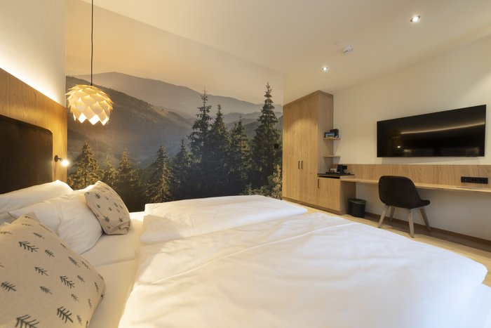 [Translate to english:] Waldnest Juniorsuite - Schrank & TV